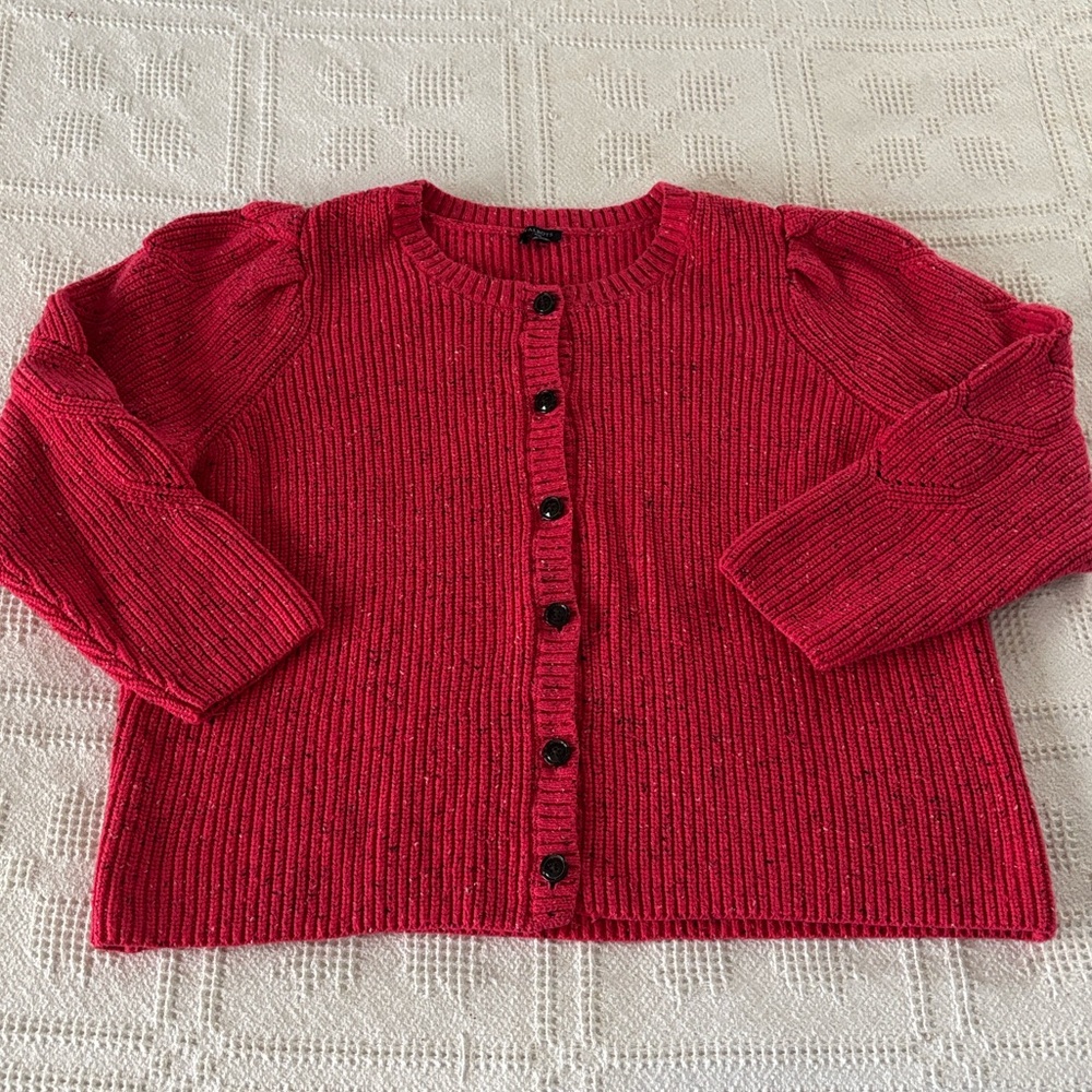 Talbots Speckled Red Cable Knit Puff Sleeve Cardigan Sweater‎ Size 2X - Picture 2 of 11